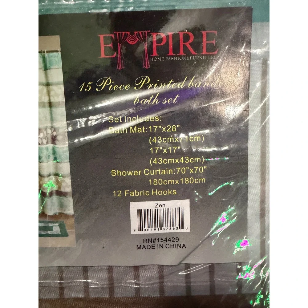 Empire Zen‎ 15 Piece Bathroom Set Shower Curtain 2 Bath Mats 12 Hooks Green Teal